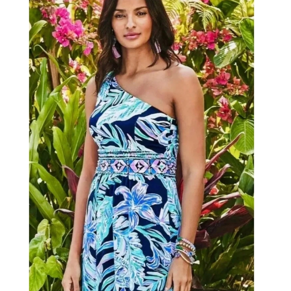 Lilly Pulitzer Malia Maxi Dress High Tide Navy Ready Set Gecko VGUC XL